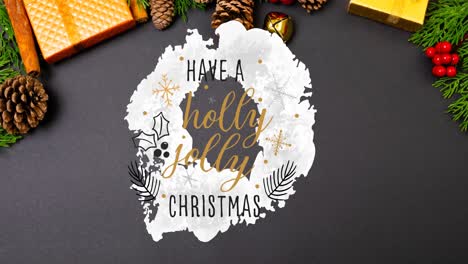 Animation-of-have-a-holly-jolly-christmas-text-and-decorations-on-black-background