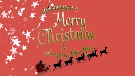 Animation-of-wishing-you-merry-christmas-over-orange-background-with-santa-sleigh