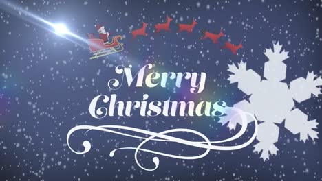 Animation-Von-Schnee,-Der-über-Den-Text-„Frohe-Weihnachten“-Und-Den-Schlitten-Des-Weihnachtsmanns-Fällt
