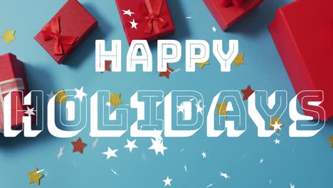 Animation-of-happy-holidays-christmas-text-over-presents-on-blue-background