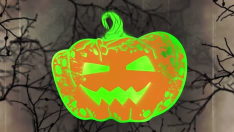 Animation-of-jack-o-lantern-over-branches-on-beige-background
