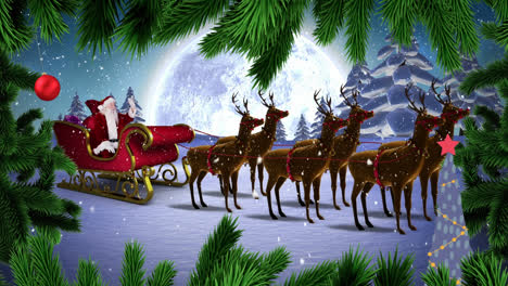 Animation-of-christmas-fir-tree-frame-over-santa-sleigh-in-winter-landscape