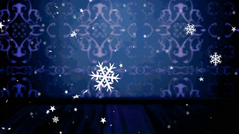 Animation-of-christmas-snowflakes-falling-over-blue-decorative-background