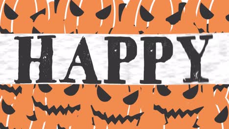Animation-of-happy-halloween-text-and-jack-o-lanterns-on-orange-background