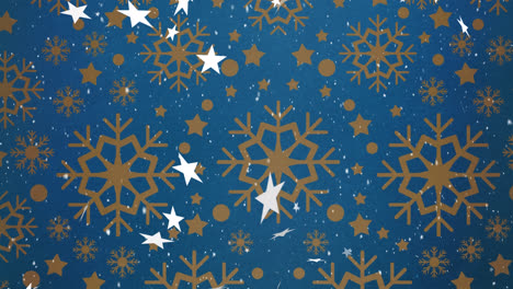 Digitale-Animation-Mehrerer-Sterne-Und-Schnee,-Der-Vor-Schneeflockenmuster-Auf-Blauem-Hintergrund-Fällt