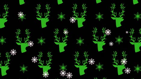 Animation-of-snowflakes-over-black-background-with-christmas-reindeers