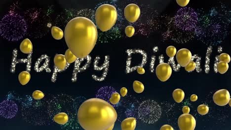 Animation-of-happy-diwali-over-fireworks-and-balloons-on-black-background