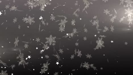 Animation-Von-Weihnachtsschneeflocken-Und-Sternen,-Die-Auf-Grauen-Hintergrund-Fallen