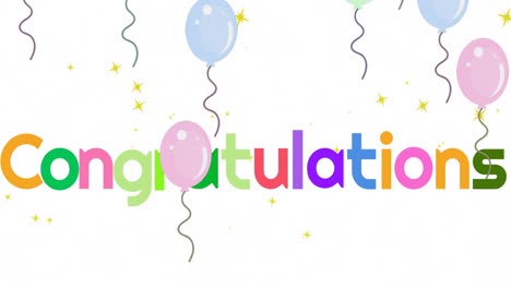 Animation-of-congratulations-text-over-stars-and-balloons-on-white-background
