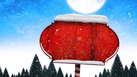 Animation-Von-Schneefall-Und-Holzschild-über-Der-Winterlandschaft-Zu-Weihnachten