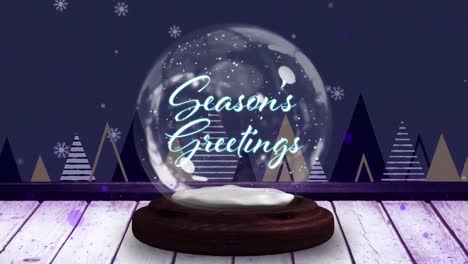 Animation-of-seasons-greetings-text-in-snow-globe-at-christmas-over-snow-falling