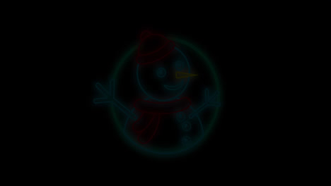 Animation-Eines-Neonfarbenen-Weihnachtsschneemanns-Im-Kreis-Auf-Schwarzem-Hintergrund