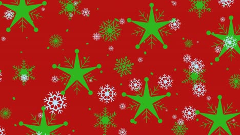 Animation-of-green-christmas-snowflakes-falling-on-red-background