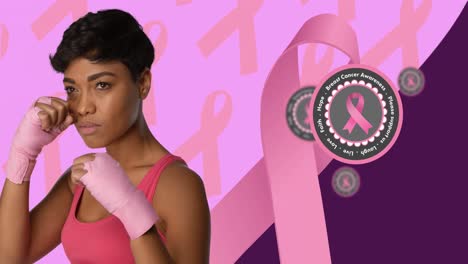 Animation-of-breast-cancer-awareness-text-over-biracial-woman-and-pink-breast-cancer-ribbons