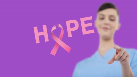 Animation-of-breast-cancer-awareness-text-over-smiling-caucasian-woman