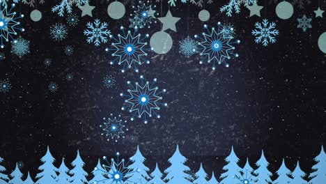 Animation-of-christmas-snowflakes-falling-over-winter-landscape