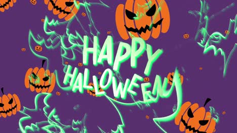 Animation-of-glowing-happy-halloween-text-with-bats-over-orange-pumpkin-heads,-on-purple-background