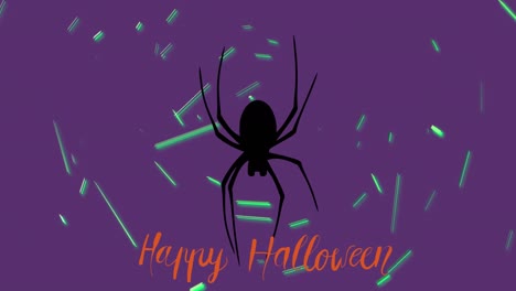 Animation-Von-Orangefarbenem-Happy-Halloween-Text-über-Spinne-Und-Grünen-Lichtern,-Auf-Violettem-Hintergrund