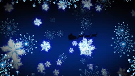 Animation-Von-Weihnachtsschneeflocken,-Die-Auf-Dunkelblauem-Hintergrund-über-Den-Weihnachtsmann-Fallen