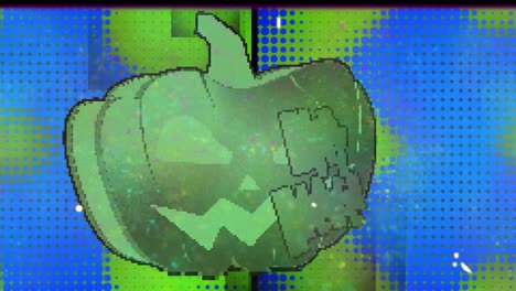 Animation-of-happy-halloween-over-green-pumpkin-on-reel-tape-in-background
