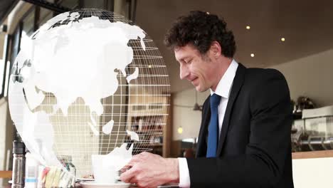 Animation-of-globe-with-network-of-connections-over-businessman-using-smartphone