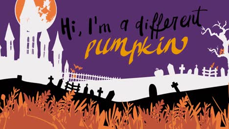 Animation-of-hi-i'm-a-different-pumpkin-text-over-haunted-cemetery,-on-purple-background