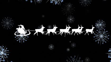 Animation-of-christmas-snowflakes-falling-over-santa-sleigh-on-black-background