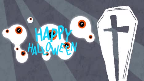 Animation-of-blue-happy-halloween-text-with-eyeballs-and-coffin-over-rotating-grey-stripes