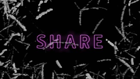 Digitale-Animation-Eines-Neonvioletten-Share-Text-Banners-Vor-Abstrakten-Formen-Auf-Schwarzem-Hintergrund