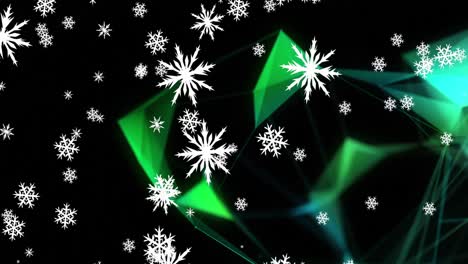 Animation-of-christmas-snowflakes-and-green-shapes-falling-on-black-background