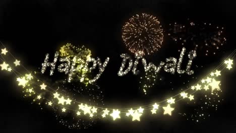 Feuerwerk-Und-Lichterkettendekoration-über-Fröhlichem-Diwali-Text-Vor-Schwarzem-Hintergrund