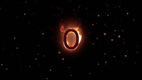 Animation-of-zero-on-fire-over-glowing-specks-on-black-background