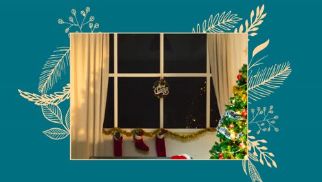 Animation-of-window-with-christmas-decorations-in-blue-frame-with-plants