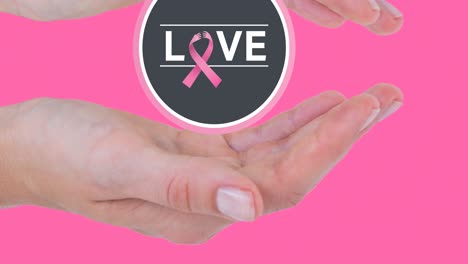 Animation-of-love-text-with-pink-ribbon-logo-over-hands-of-woman,-on-pink-background