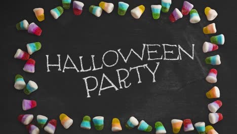 Animation-Von-Halloween-Partytext-über-Süßigkeiten