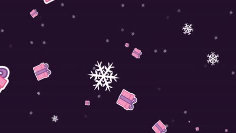 Animation-Von-Weihnachtsschneeflocken-Und-Geschenken,-Die-Auf-Schwarzen-Hintergrund-Fallen