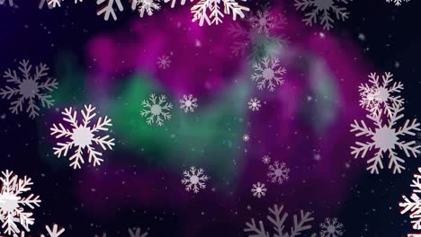 Animation-of-christmas-snowflakes-falling-on-northern-lights-in-background