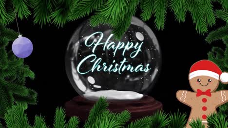 Animation-of-happy-christmas-text-in-snow-globe-over-bauble-and-cookie