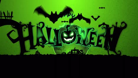 Animation-of-happy-halloween-text-with-pumpkin-head-and-bats-over-cemetery-and-moon,-on-green