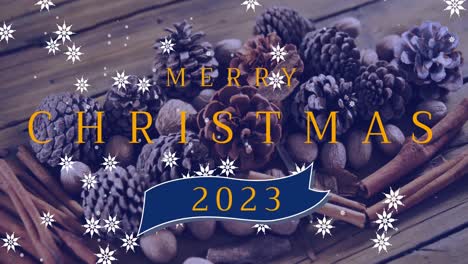 Animation-of-merry-christmas-text-over-pine-cones-and-snow-falling