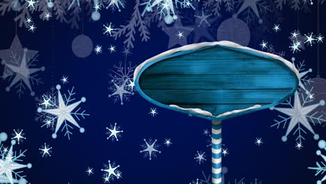 Animation-of-christmas-snowflakes-falling-over-tag-on-dark-blue-background