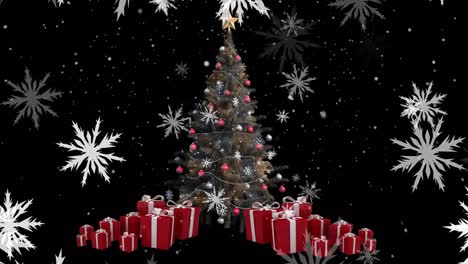 Animation-of-christmas-snowflakes-falling-over-tree-and-presents-on-black-background