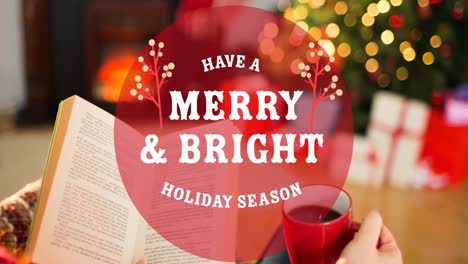 Animation-of-have-a-merry-and-bright-christmas-text-over-book-and-tree-in-background