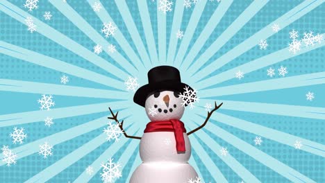 Animation-Von-Weihnachtsschneeflocken,-Die-über-Einen-Schneemann-Auf-Hellblauem-Hintergrund-Fallen