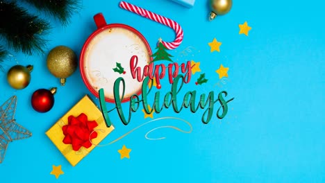 Animation-of-happy-holidays-christmas-text-and-decorations-on-blue-background