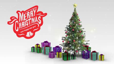 Animation-of-merry-christmas-text-over-christmas-tree-with-presents-and-snow-falling