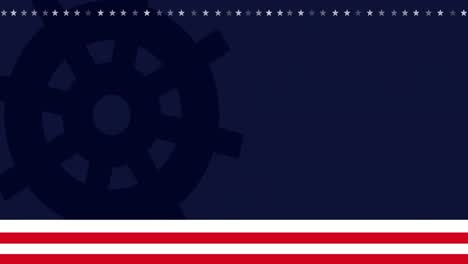 Animation-of-stars-and-stripes-of-flag-of-united-states-of-america-and-wheel-with-copy-space-on-blue