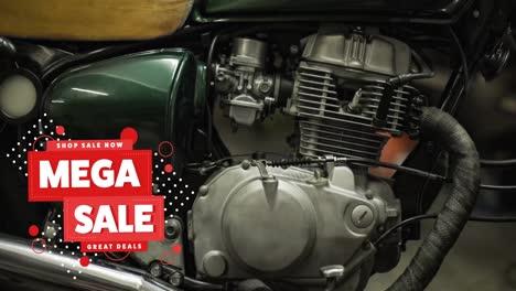 Animation-of-mega-sale-text-in-white-and-red-over-motorbike-engine