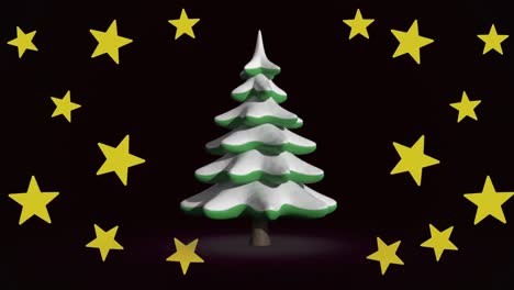 Animation-Von-Weihnachtssternen,-Die-über-Einen-Tannenbaum-Auf-Schwarzem-Hintergrund-Fallen