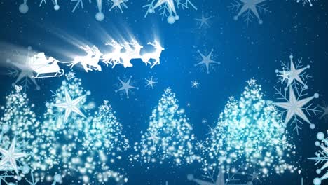 Animation-of-christmas-snowflakes-falling-over-santa-sleigh-on-blue-background